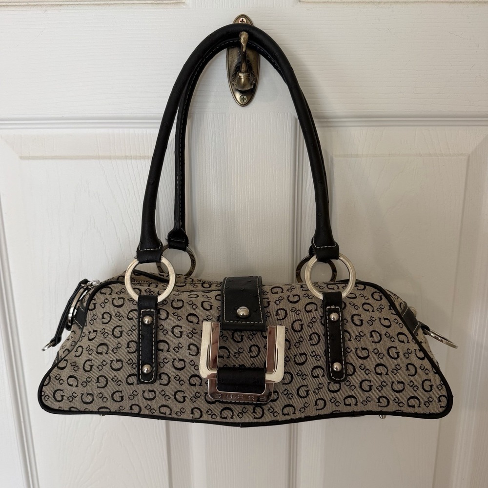 Guess VTG Bag Y2K Monogram Canvas Shoulder Silver Buckle Logo Black Leather Glam